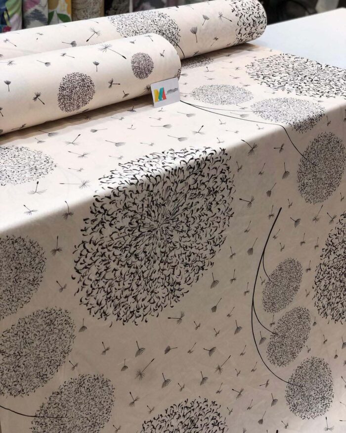 خرید اینترنتی پارچه ملحفه روتشکی نخ پنبه فیلور طرح قاصدک رنگ کرم و طوسی رنگ ثابت