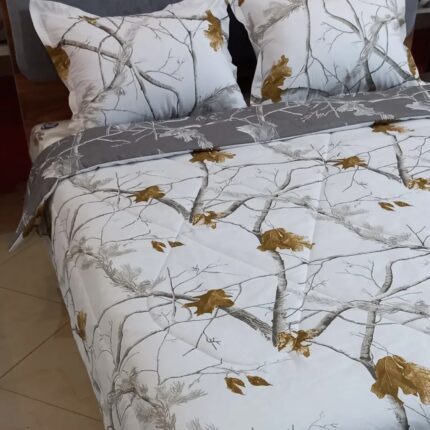 ست لحاف روتختی دونفره نخ پنبه ترک ایرانی سرویس لحاف خواب طرح برگ طوسی طلایی سفید