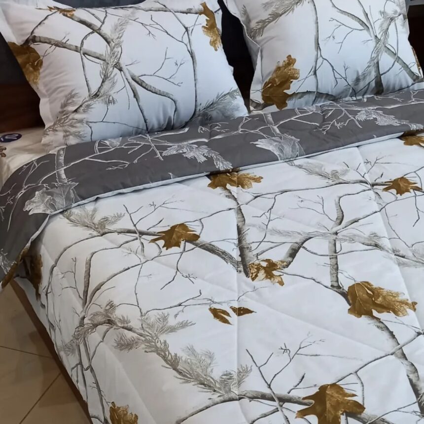 ست لحاف روتختی دونفره نخ پنبه ترک ایرانی سرویس لحاف خواب طرح برگ طوسی طلایی سفید