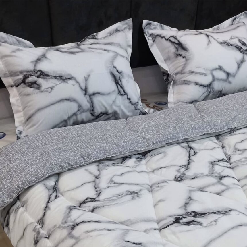 ست لحاف روتختی دونفره نخ پنبه ترک ایرانی سرویس لحاف خواب طرح سنگ سفید طوسی