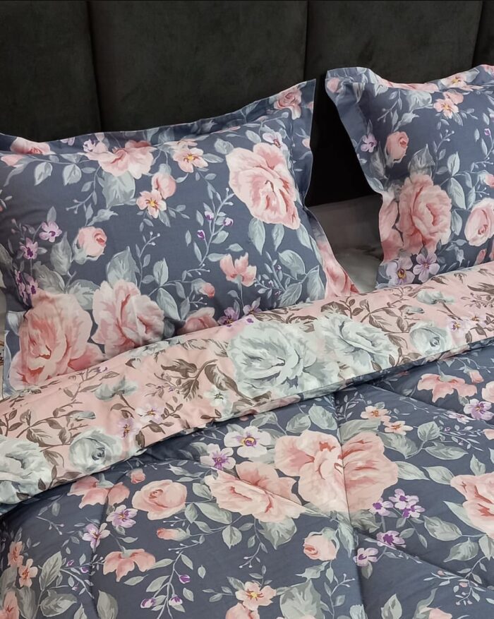 ست لحاف روتختی دونفره نخ پنبه ترک ایرانی سرویس لحاف خواب گلدار صورتی طوسی